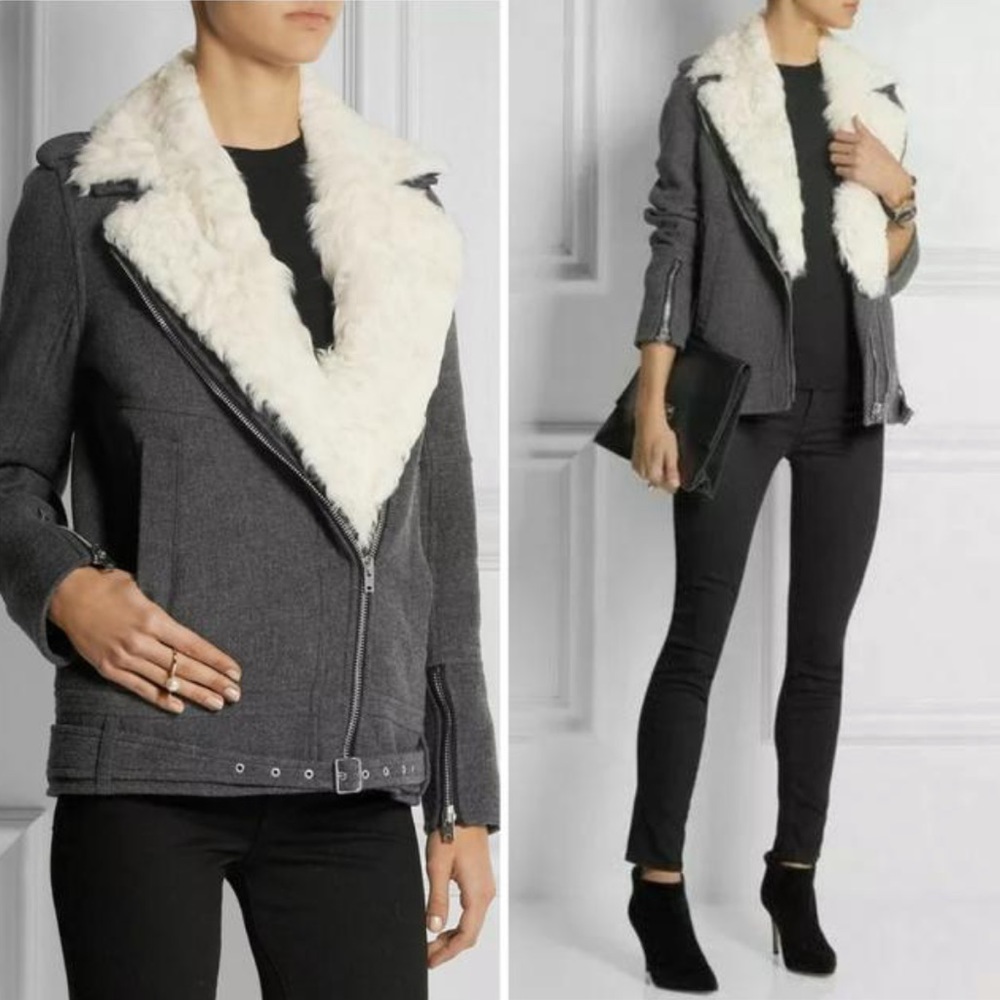 IRO Cidji Shearling Collar Wool Jacket Charcoal 34